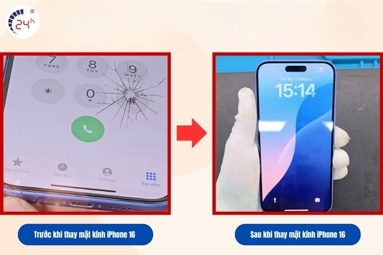 Trước và sau khi thay mặt kính iPhone 16