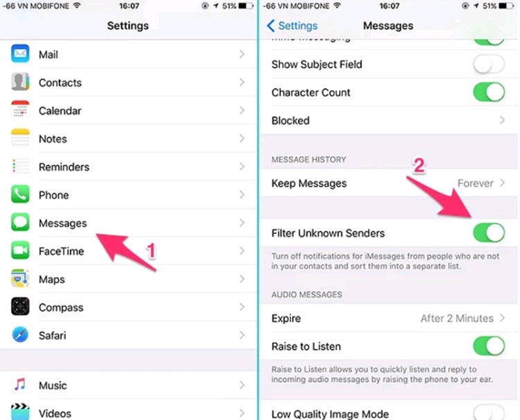 Bạn cần bật tính năng lọc thư rác nếu muốn ẩn các tin không cần thiết trên iPhone