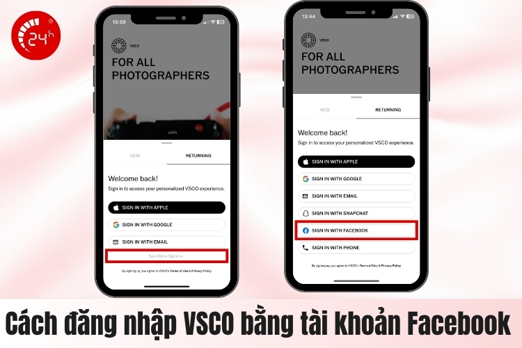 Cách đăng nhập VSCO qua tài khoản Facebook B1