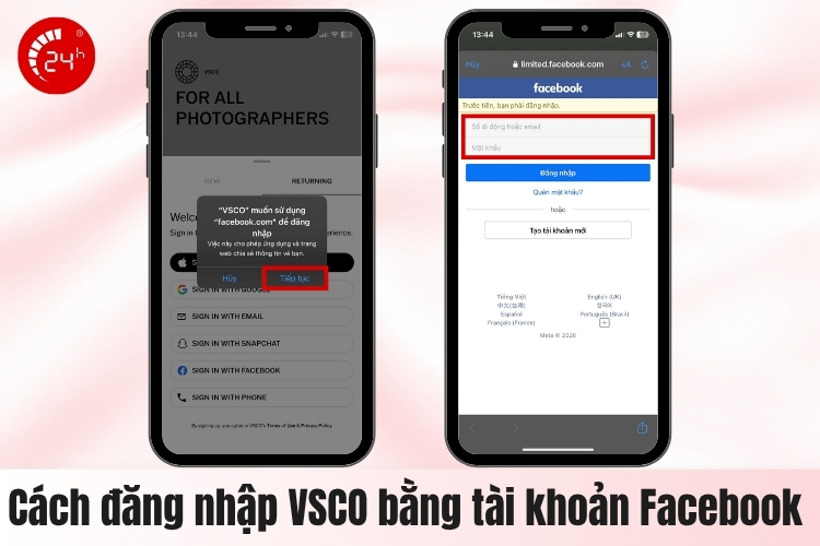 Đăng nhập vào VSCO bằng Facebook B2