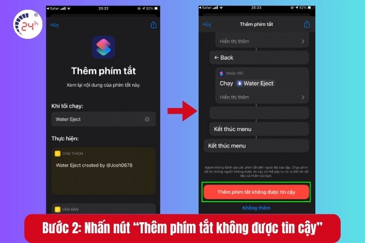 Bước 2: Cài đặt Water Eject -> nhấn nút “Thêm phím tắt không được tin cậy”.