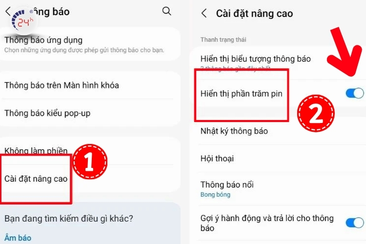 Cách hiển thị phần trăm pin trên Samsung chi tiết