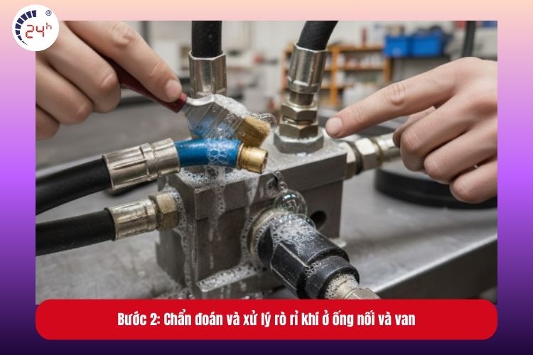 Bước 2: Chẩn đoán và xử lý rò rỉ khí ở ống nối và van