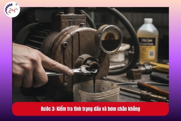 Bước 3: Kiểm tra tình trạng dầu và bơm chân không