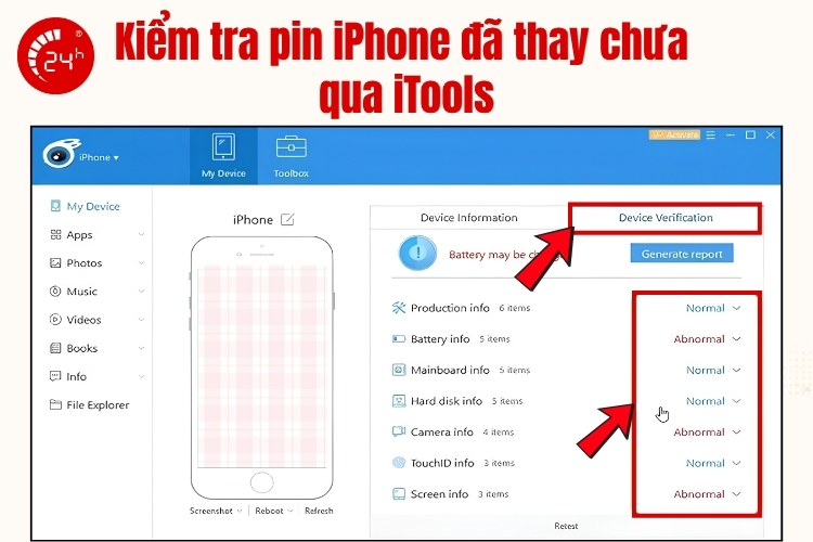 Kiểm tra pin iPhone có phải pin zin qua iTools B3