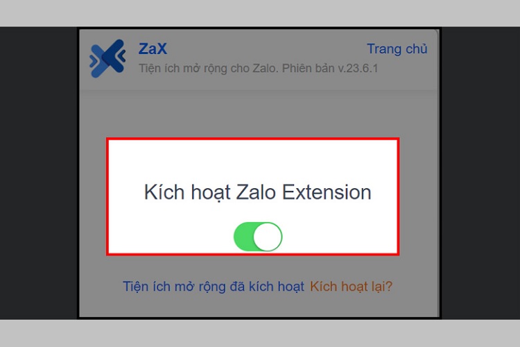 Bật nút kích hoạt ở mục Zalo Extension
