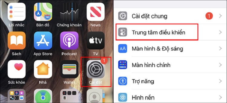 Truy cập vào phần trung tâm điều khiển