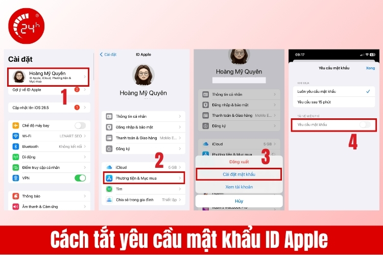Cách tắt yêu cầu mật khẩu trên ID Apple