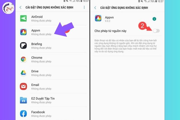 Bước 4 của bật tính năng cài đặt ứng dụng từ nguồn không xác định trên Android 8 trở lên
