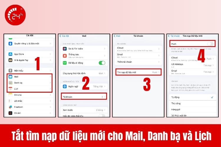 Tắt tìm nạp dữ liệu mới cho mai, danh bạ và lịch trên iOS 15