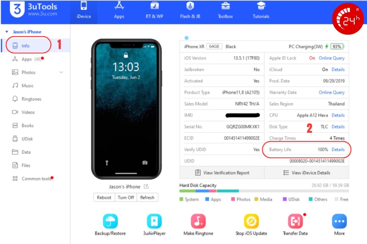 xem số lần sạc pin trên iphone bằng 3utools