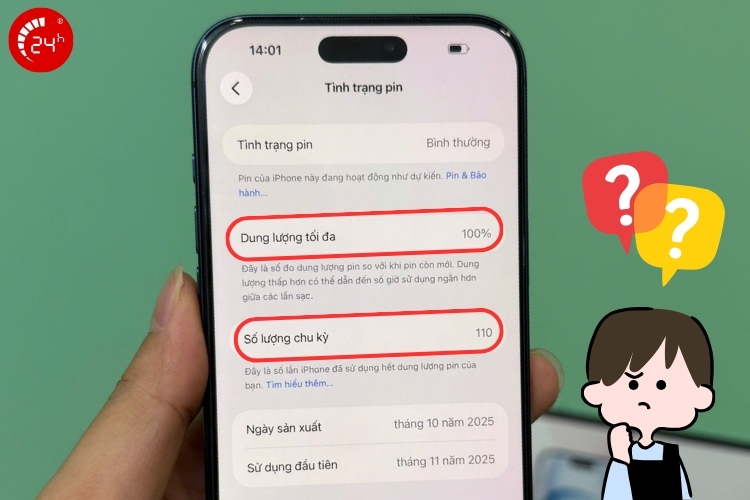 chu kỳ sạc và dung lượng tối đa của pin iphone