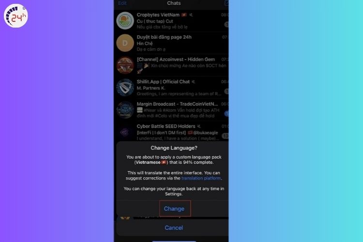 Bước 2 của cách cài đặt tiếng Việt cho Telegram tiếng Việt trên điện thoại