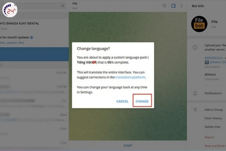 Bước 2 của cách cài đặt tiếng Việt cho Telegram tiếng Việt trên máy tính