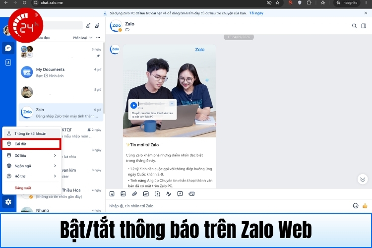 Bật tắt thông báo trên Zalo Web B1