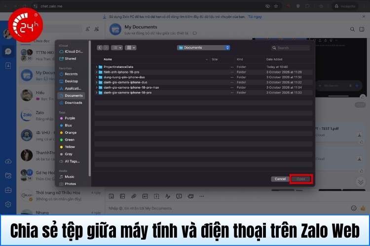 Chia sẻ tệp giữa PC và điện thoại trên Zalo Web B2
