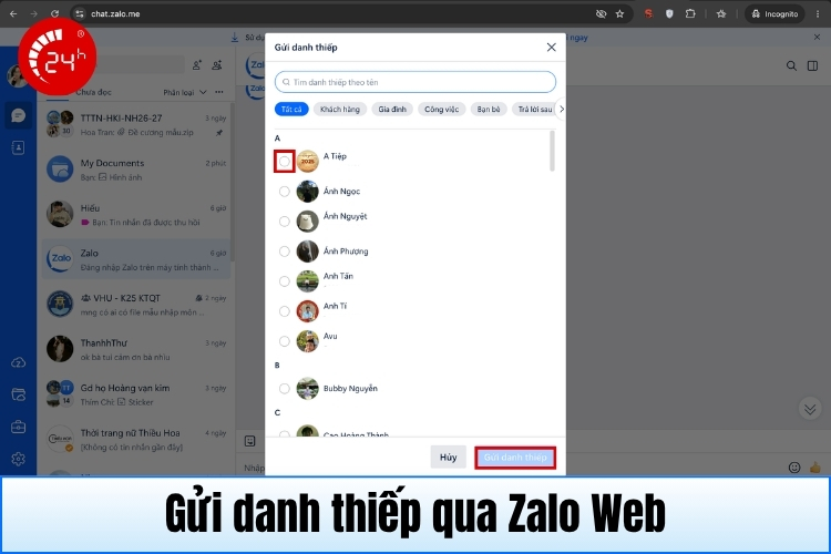 Gửi danh thiếp trên Zalo Web B2