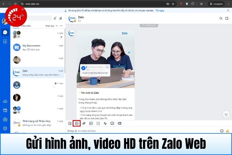 Gửi hình ảnh HD trên Zalo Web B1