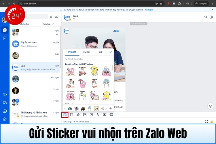 Gửi sticker trên Zalo Web