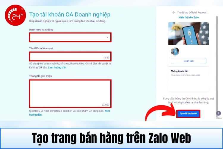 Mở page bán hàng trên Zalo Web B2