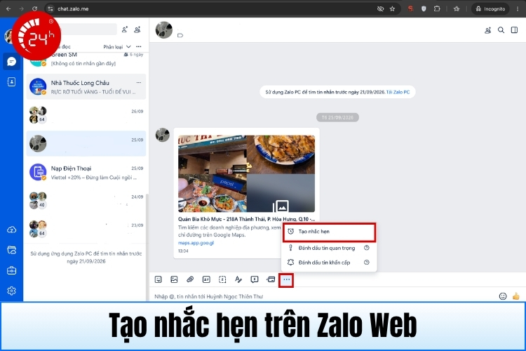 Tạo nhắc hẹn trên Zalo Web B1