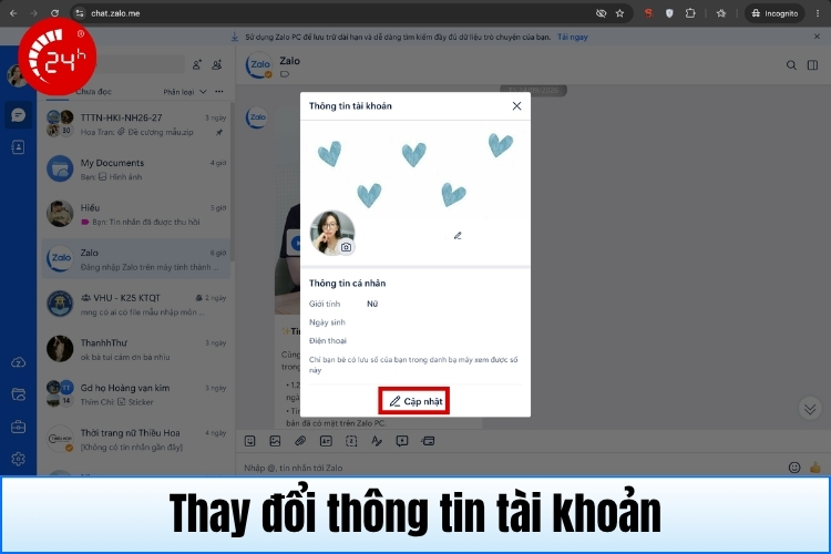 Thay đổi thông tin cá nhân trên Zalo Web B2