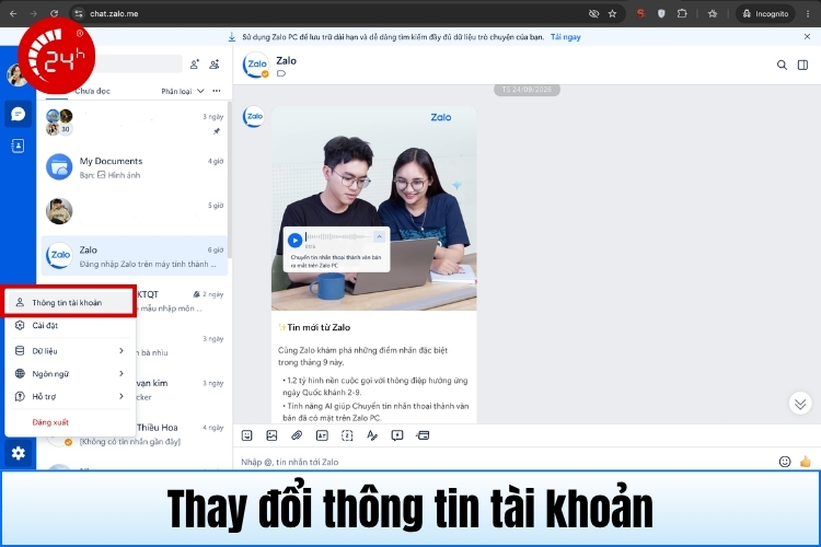 Thay đổi thông tin tài khoản trên Zalo Web B1
