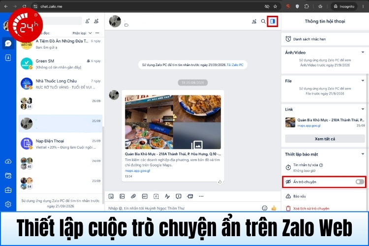Thiết lập cuộc tò chuyện ẩn trên Zalo Web