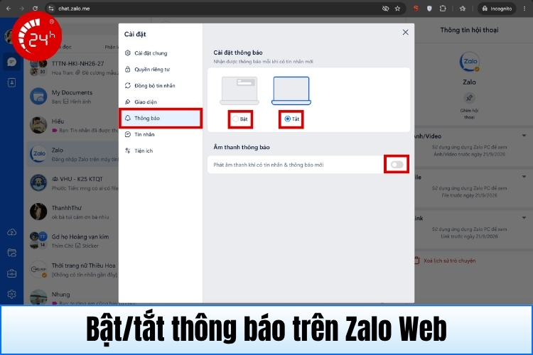 Thông báo trên Zalo Web đăng nhập B2