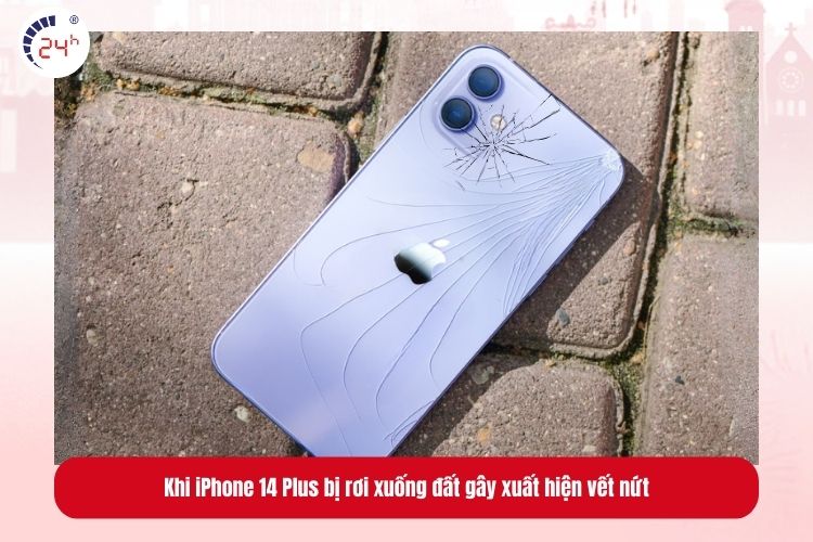Khi iPhone 14 Plus bị va chạm hoặc rơi xuống bề mặt cứng, kính lưng sẽ bị vỡ