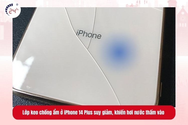 Lớp keo chống ẩm ở iPhone 14 Plus lâu ngày sẽ suy giảm, khiến hơi nước thấm vào bên trong và tạo vết mờ