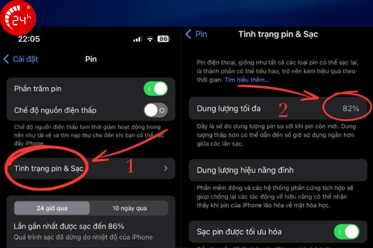 kiểm tra dung lượng pin tối đa của pin bước 2