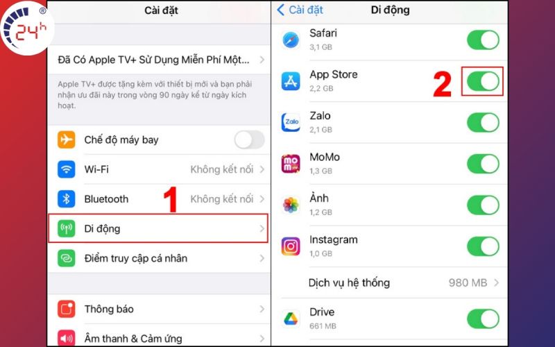 Check dữ liệu di động để sửa lỗi không kết nối được App store trên iPhone