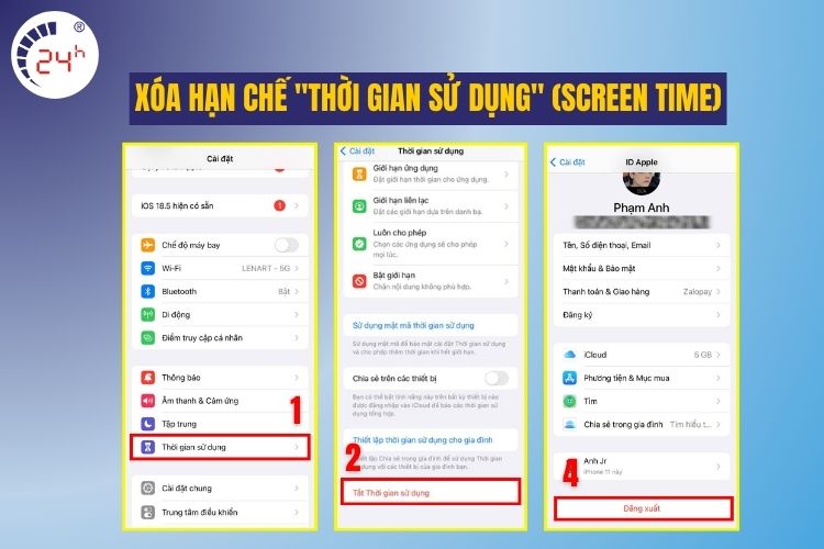 Xóa hạn chế  Thời gian sử dụng (Screen Time)