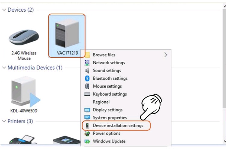 Chọn mục Device installation settings