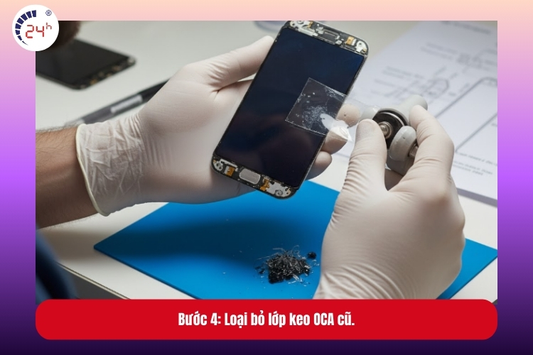 Bước 4: Loại bỏ lớp keo OCA cũ có sót trên màn hình điện thoại