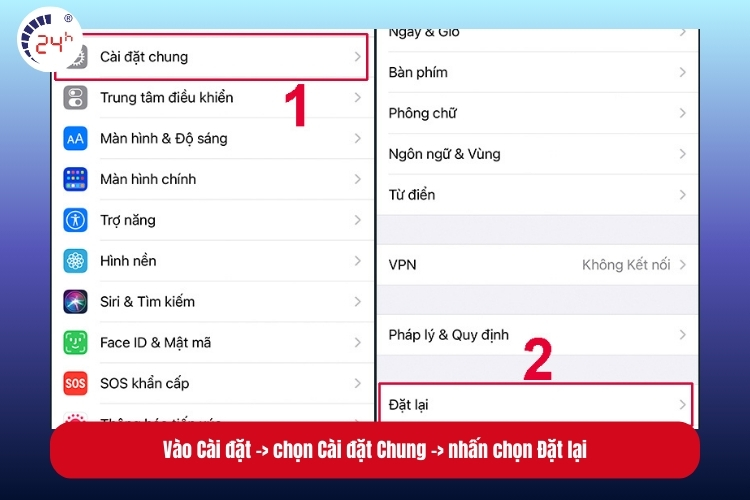 vào Cài đặt -> chọn Cài đặt Chung -> nhấn chọn Đặt lại -> chọn Reset tất cả cài đặt
