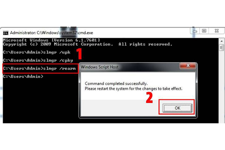 Ngay lập tức trên màn hình sẽ xuất hiện cửa sổ “Command Prompt”, bạn tiến hành nhập lệnh slmgr/ rearm và chọn OK.