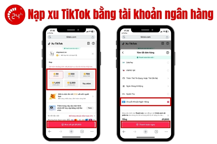Mua xu trên web TikTok qua tài khoảnn ngân hàng b2