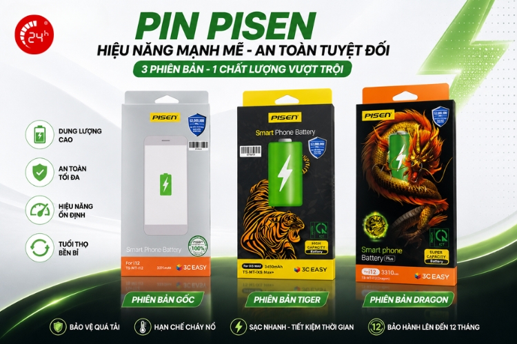 pin pisen có 3 loại: pin dung lượng gốc, tiger, dragon