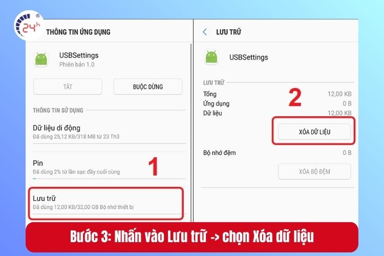 Bước 3: Nhấn vào Lưu trữ -> chọn Xóa dữ liệu