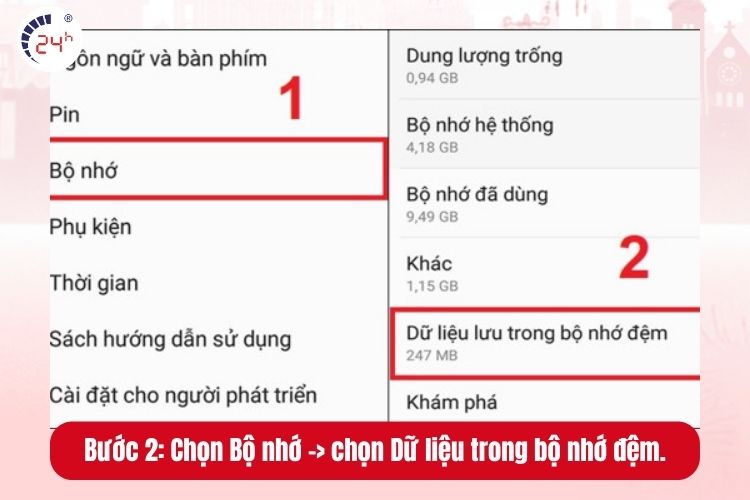 Bước 2: Chọn Bộ nhớ -> chọn Dữ liệu trong bộ nhớ đệm