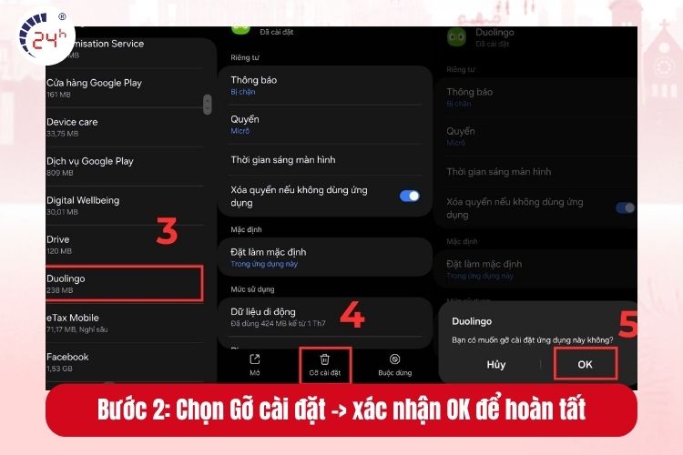 Bước 2: Tìm và chọn ứng dụng mà bạn muốn xóa bỏ -> Gỡ cài đặt