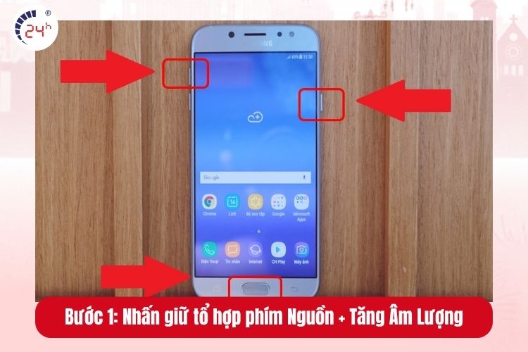 Bước 1: Nhấn giữ đồng thời tổ hợp phím Nguồn + Tăng Âm Lượng để tắt nguồn thiết bị