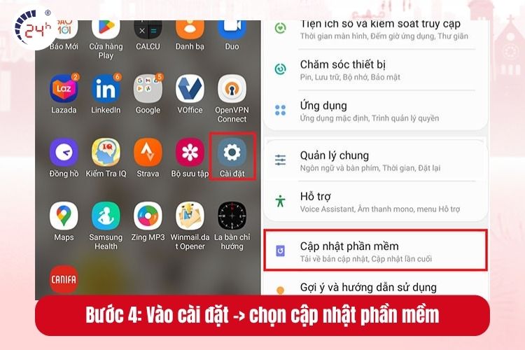 Bước 4: Vào cài đặt -> chọn Nâng cấp phần mềm