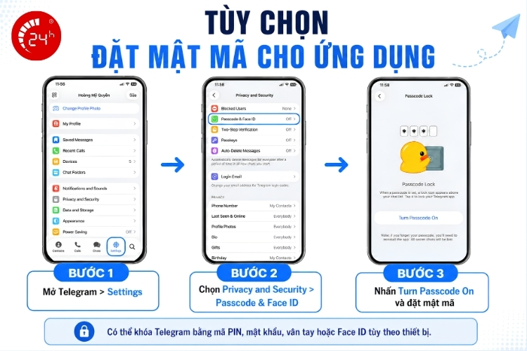 Đặt mật mã trên app Telegram