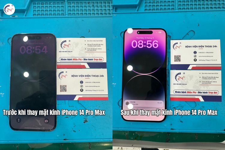 trước và sau khi thay mặt kính iphone 14 pro max