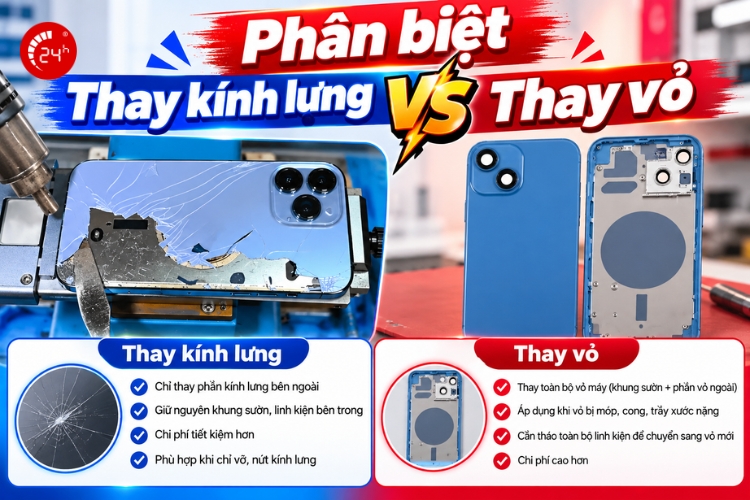phân biệt thay kính lưng điện thoại với thay vỏ