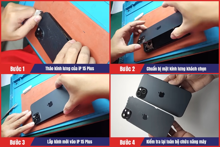 Tiến hành thay mặt kính sau iPhone 15 Plus 