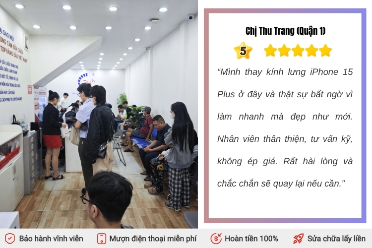 Đánh giá của khách hàng sau khi thay kính lưng iPhone 15 Plus